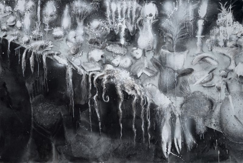 Miquel Barceló, Banquet avec Poe, 2022Vinyle, pigments, encre et fusain sur toile220 x 330 cm© Miquel BarcelóPhoto : David Bonet