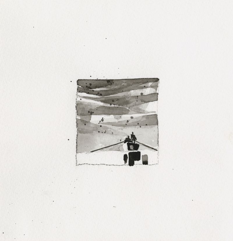 Planche originale d’après Le gros poisson du lac de Charles-Ferdinand Ramuz, 1996, fusain, lavis et encre de Chine sur papier © Carinne et Numa Bertola