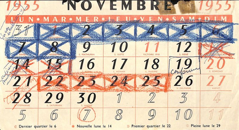 Calendrier d’écriture du roman En cas de malheur, 1955 © Simenon.TM, Collection Fonds Simenon, Université de Liège