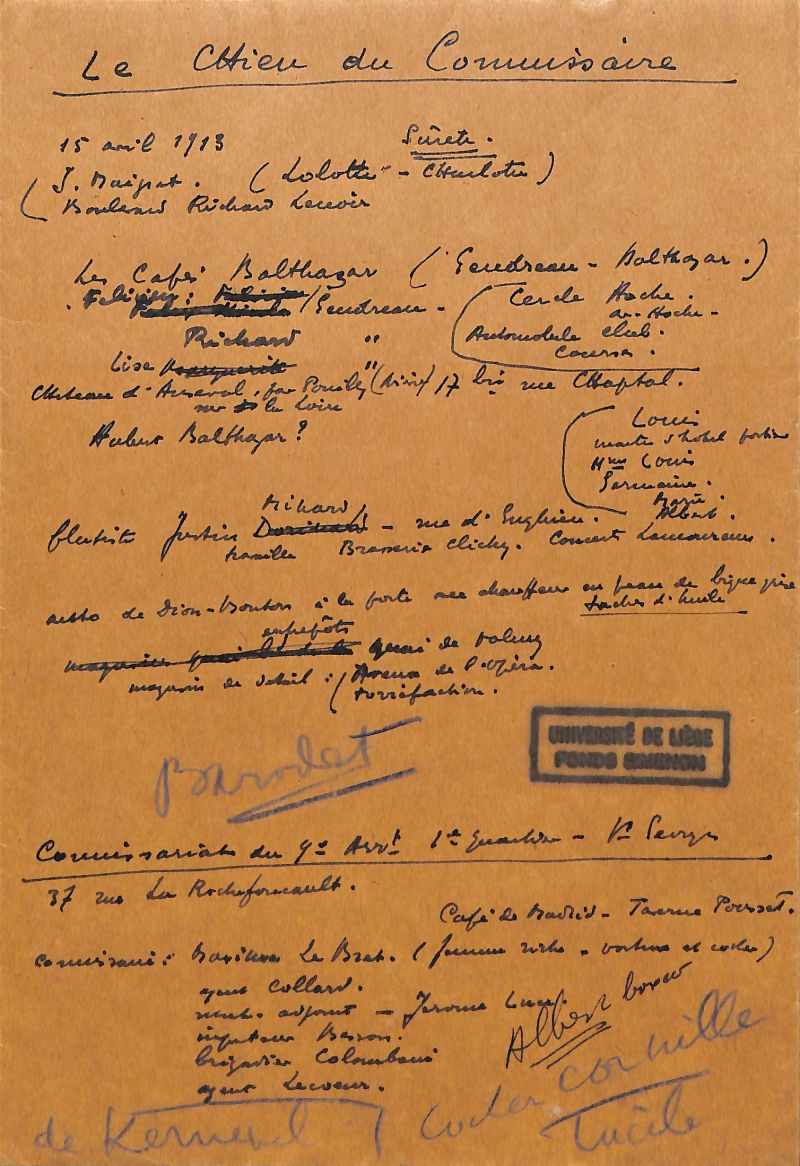 Enveloppe manuscrite de La première enquête de Maigret, 1949 | © Simenon.TM, Collection Fonds Simenon, Université de Liège